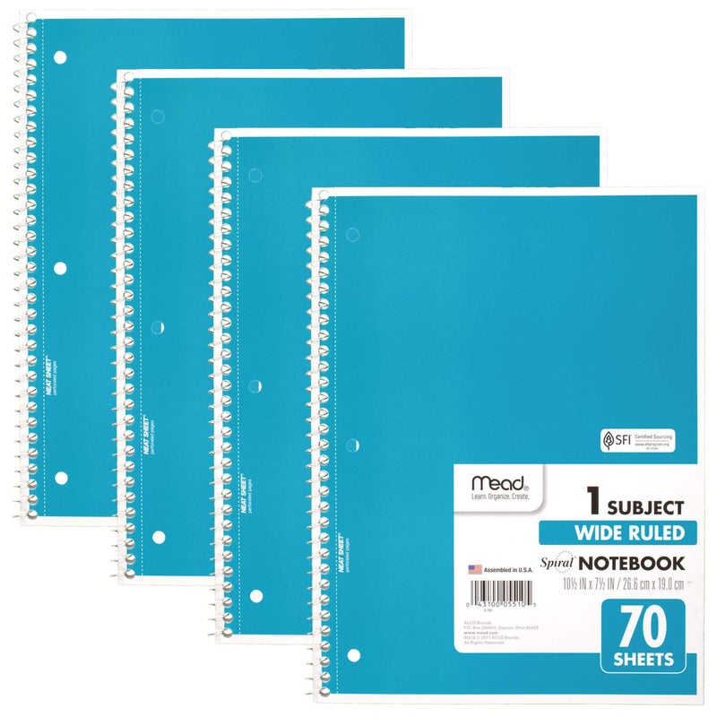 Mead Spiral Notebooks, 1 Subject, Wide Ruled Paper, 70 Sheets, 10-1/2 x 7-1/2 inches, Blue, 4 Pack (38400) - Image 1